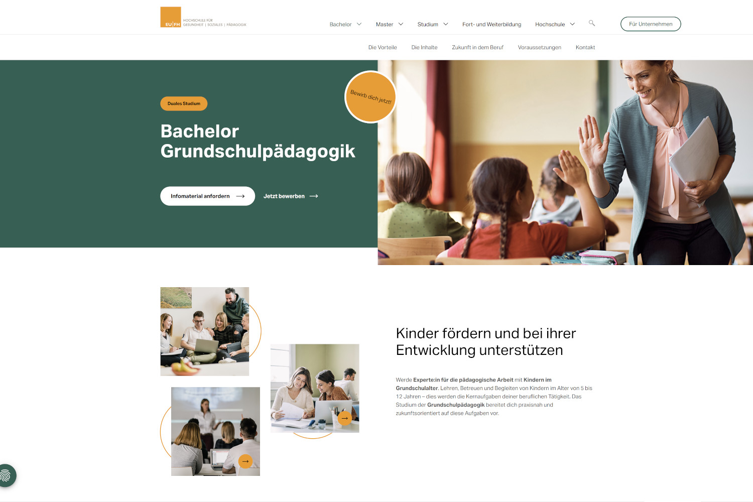Das Bild zeigt die Homepage des Studiengangs Bachelor Grundschulpädagogik der EUFH in Rostock und Berlin